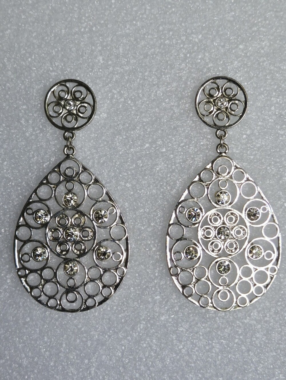 Silver Filigree Teardrop Dangle Earrings with Sparkle - Picture 12 of 16